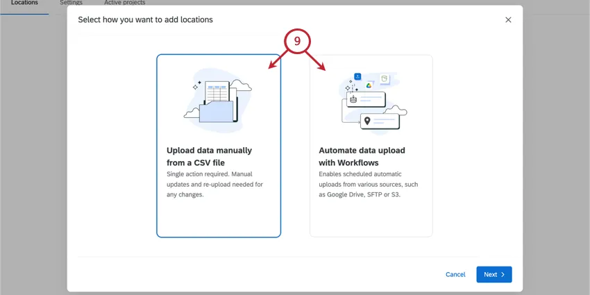 new modal appears with 2 options - adding through a file and automation