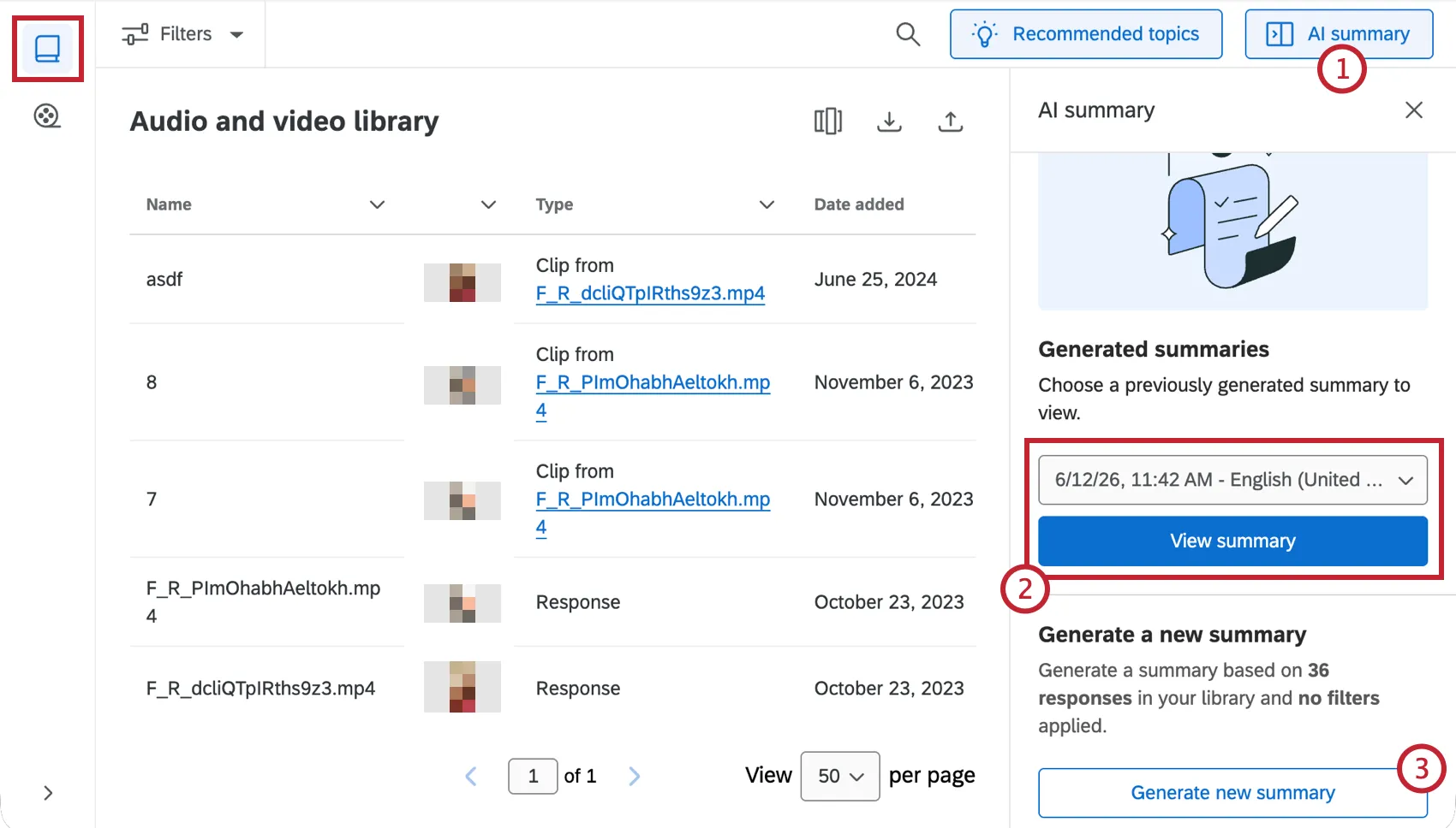 View summary button highlighted within the audio and video editor