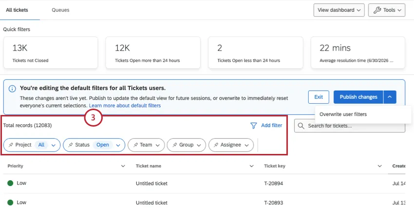 filters highlighted above the list of tickets
