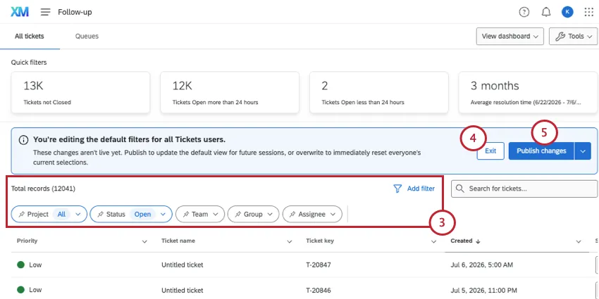 blue banner on page saying you're editing brand-wide filters for tickets