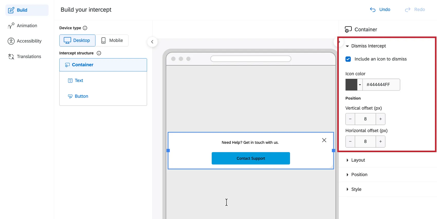 the dismiss intercept settings