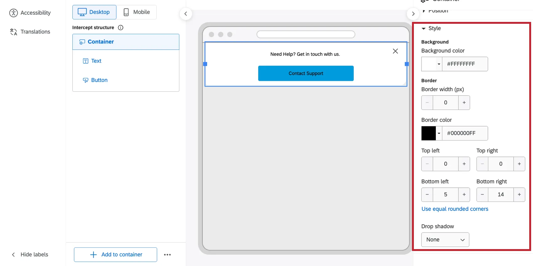 the container style settings