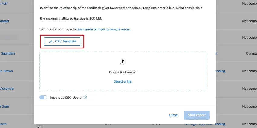 CSV template button inside the feedback giver upload screen