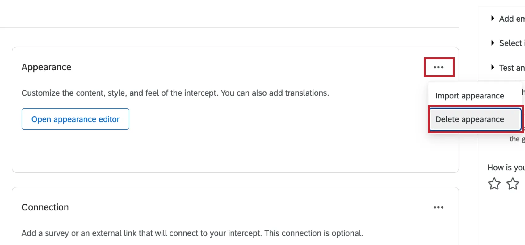 navigating to the "appearance" section of a guided intercept and deleting an exicting appearance