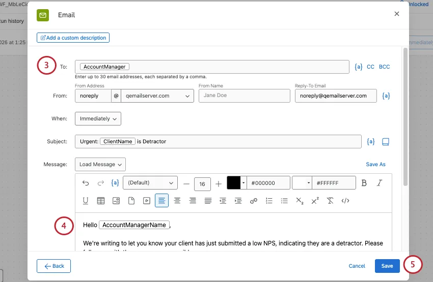email task set up with piped text in several places
