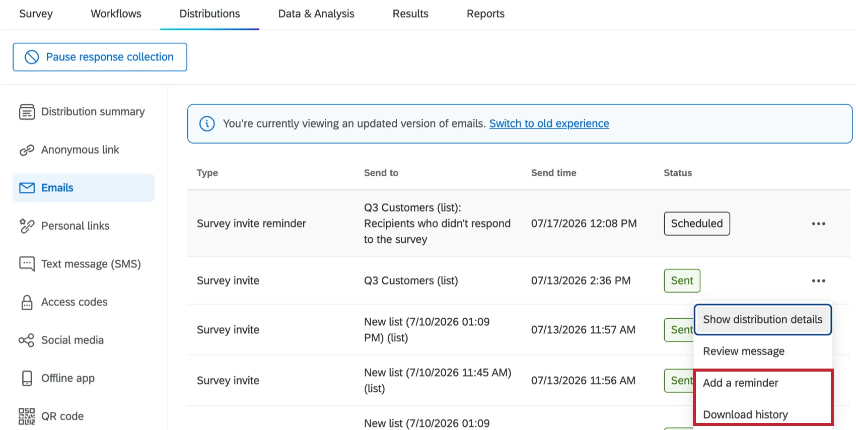 additional options for a distribution highlighted