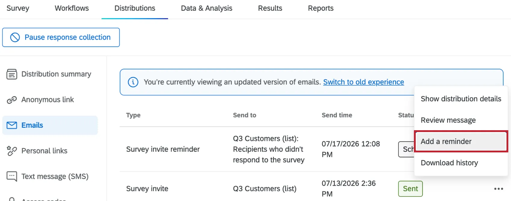 add a reminder button highlighted within the options for a distribution