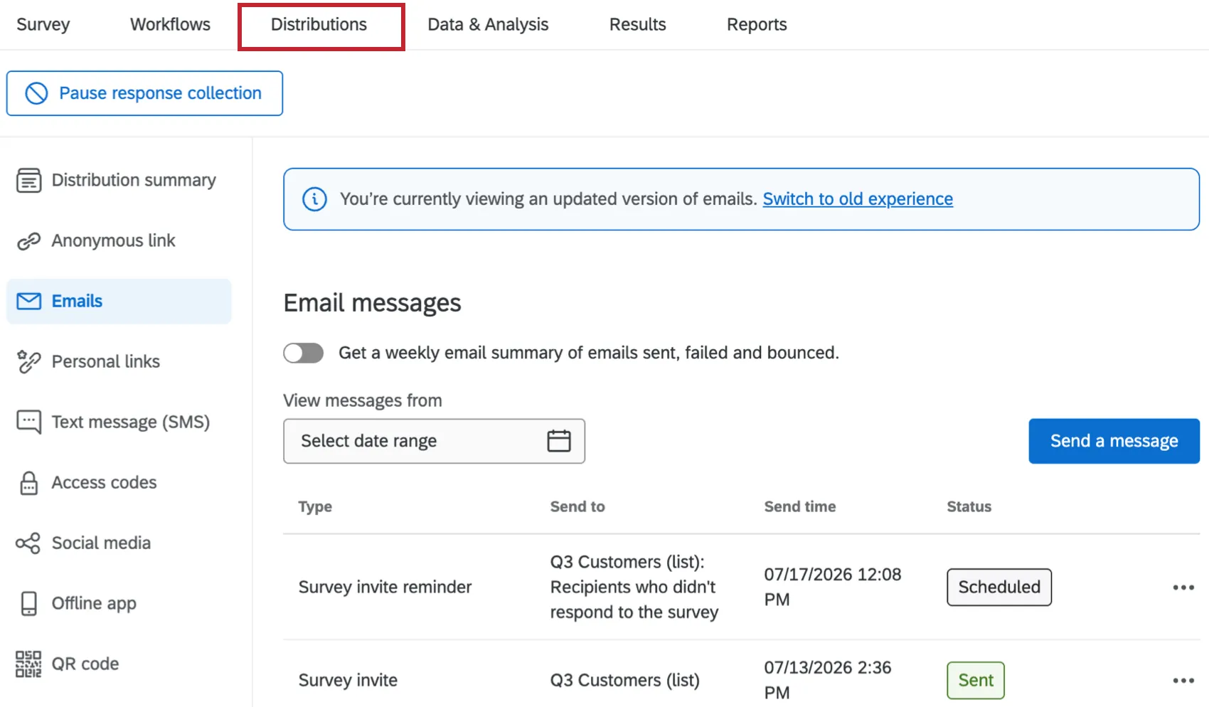 distributions tab within a project highlighted