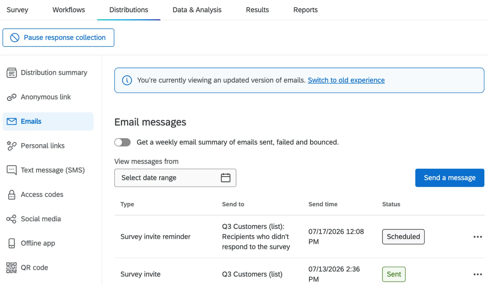 distributions tab within a survey project