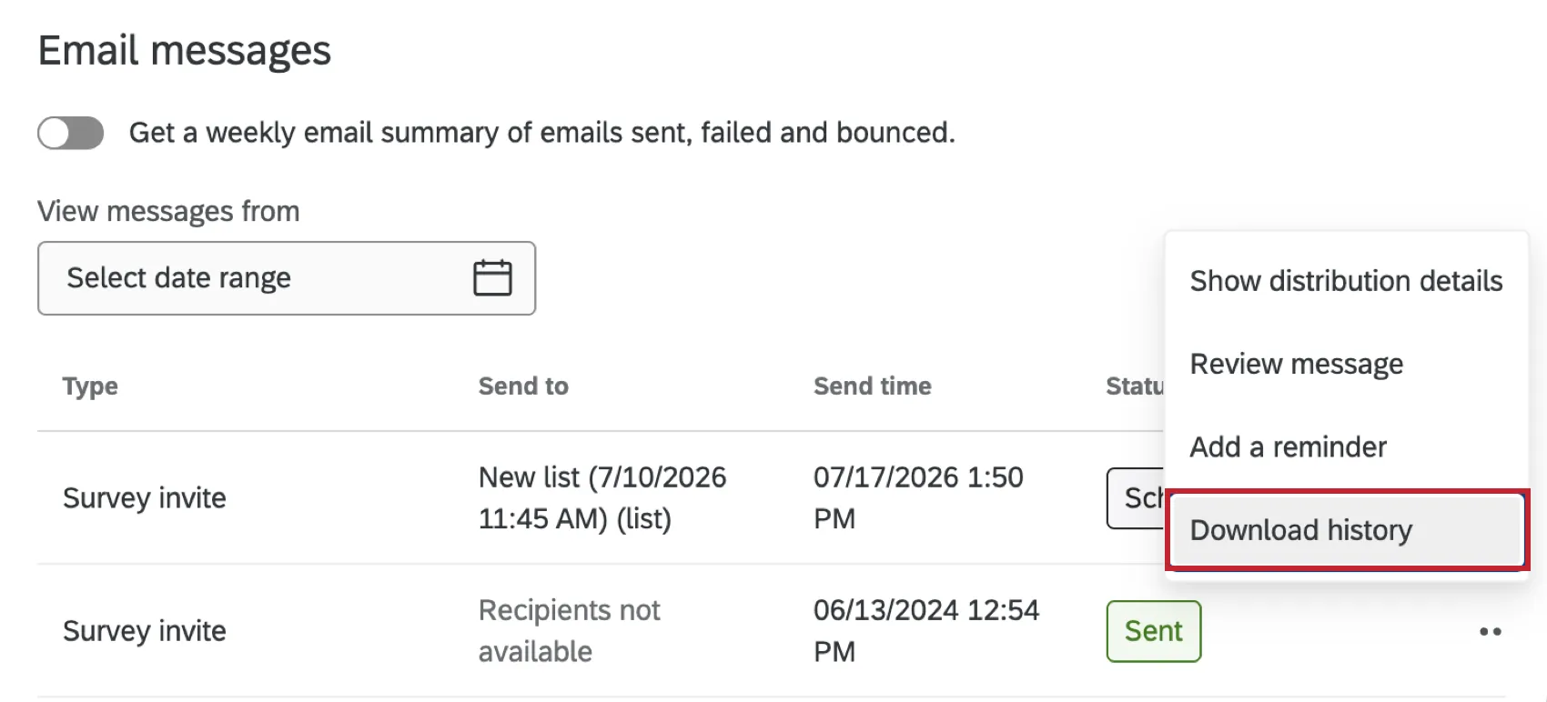 download history button highlighted within the options menu of a distribution