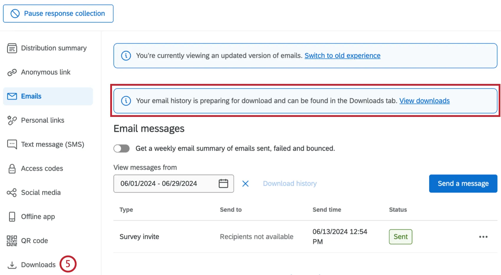 banner saying a distribution history download is in progress, at the top of the emails tab