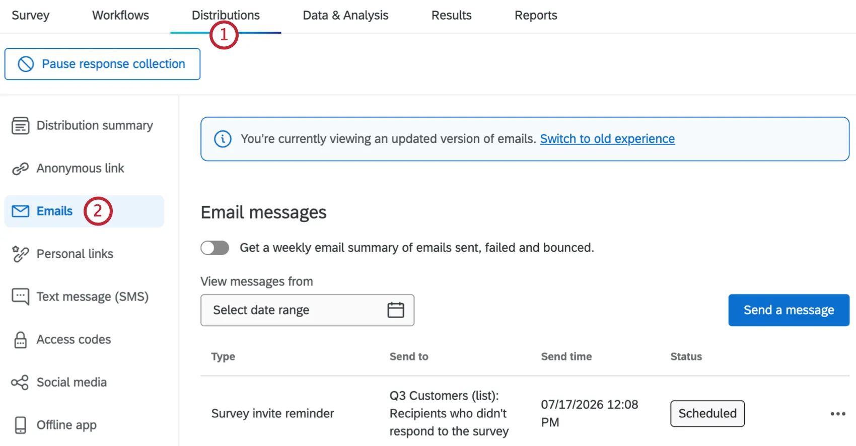 emails page within the distributions tab