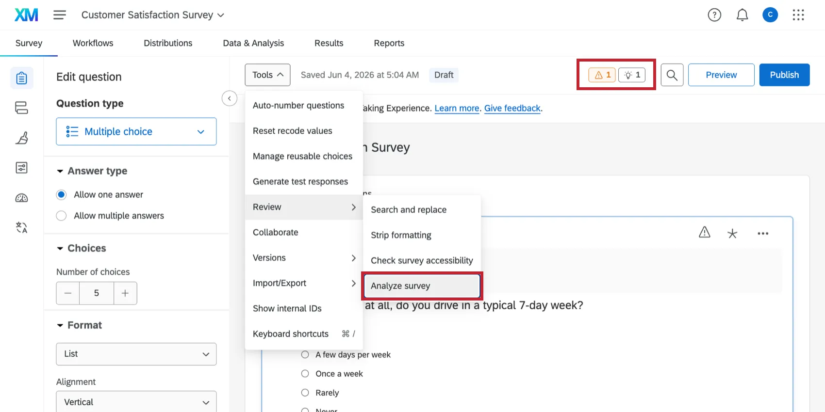 viewing expertreview errors in the survey builder