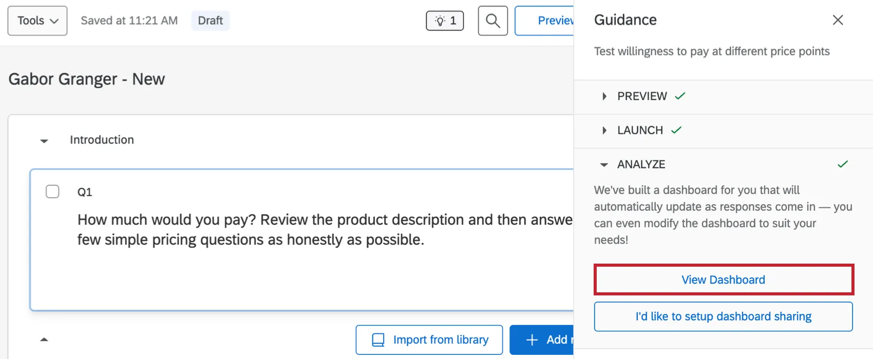 "view dashboard" button highlighted within the project guidance