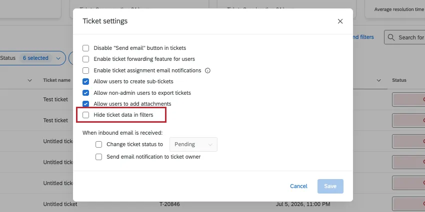 showing ticket settings