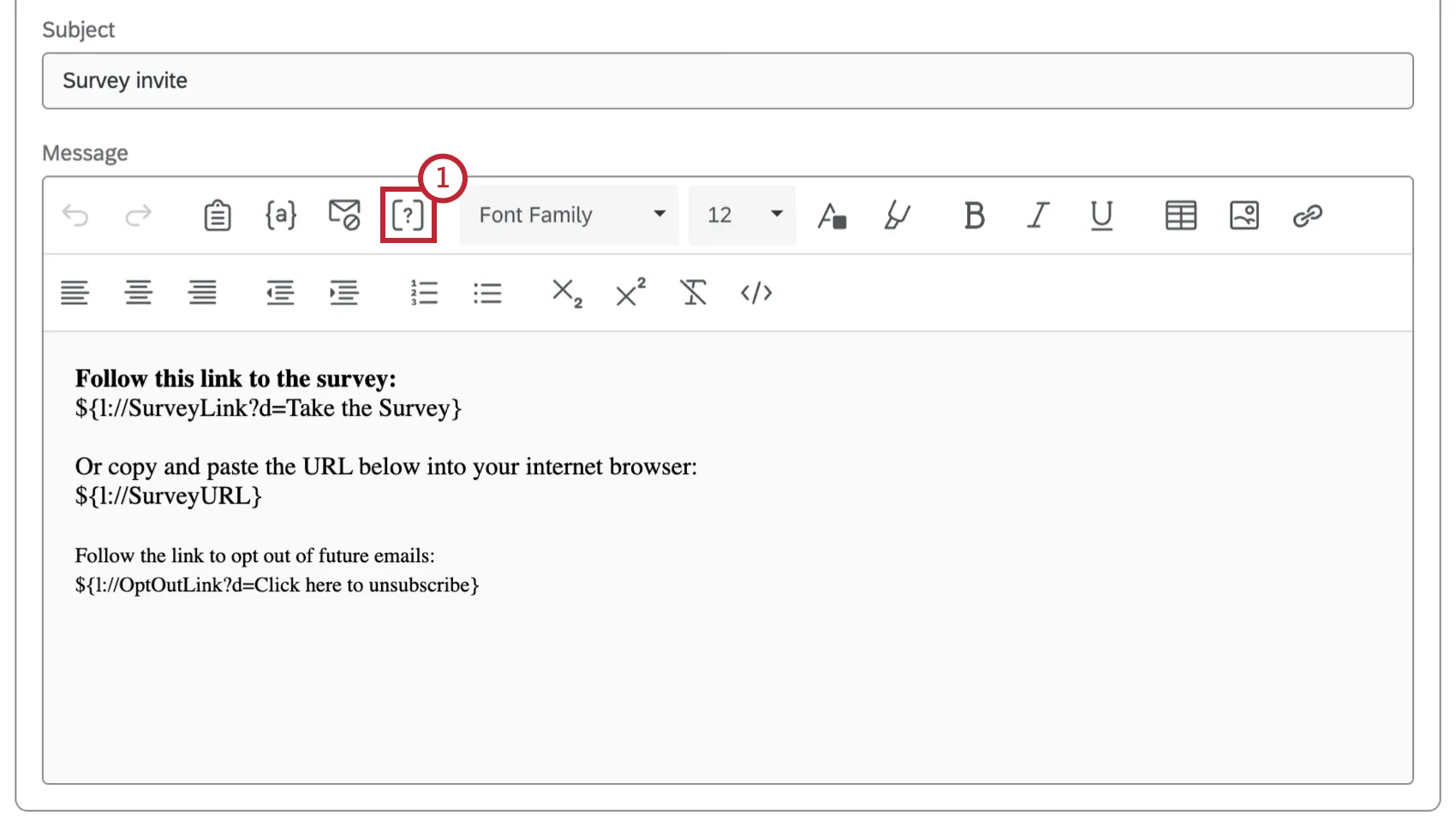 Button to insert an inline email question highlighted within the email editor