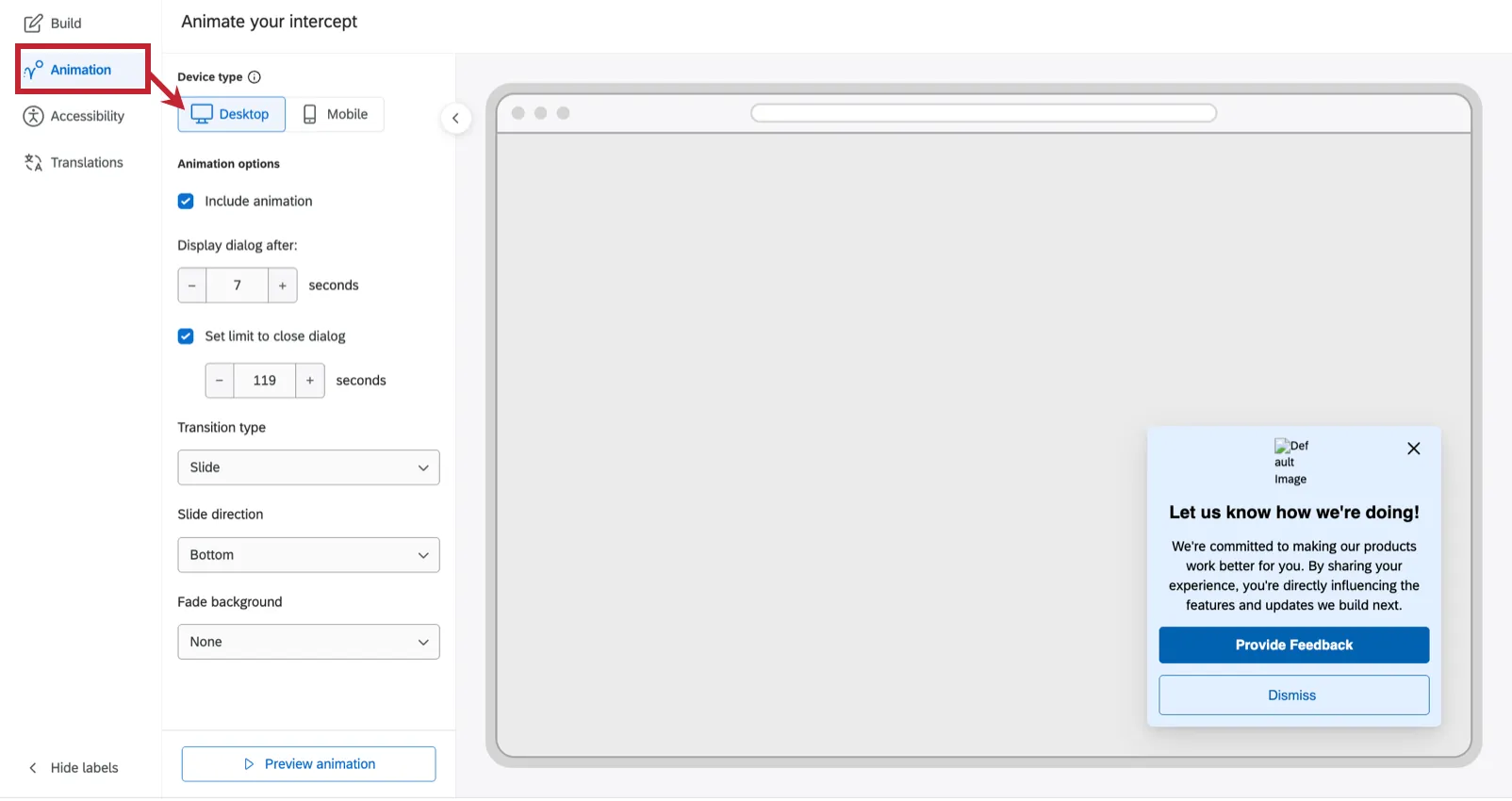the animation tab in appearance studio