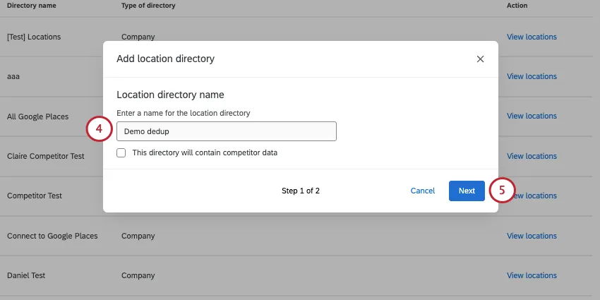 image of new window where you give the location directory a name