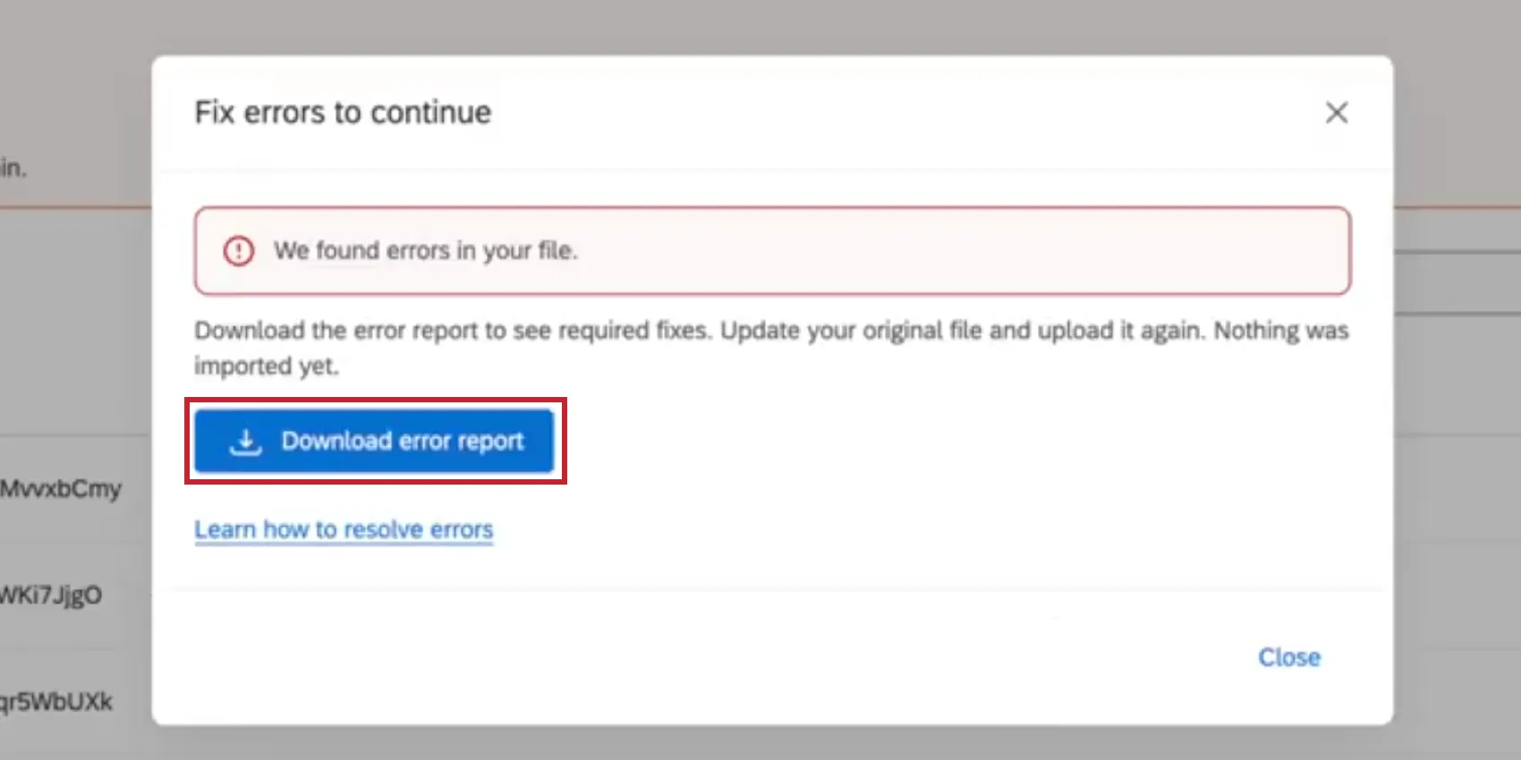 the error message that the upload file contains errors