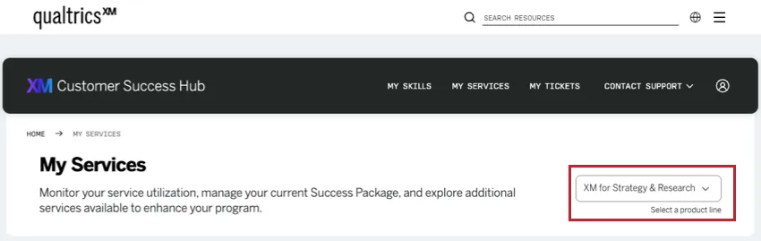 image of a menu in the upper right, at the top of the my services page. it says XM for Customer Experience, then, in smaller text beneath, select a product line