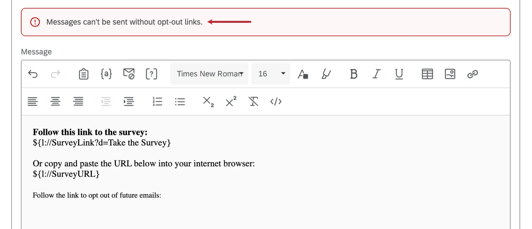 banner at the top of the email editor warning that there is no opt out link