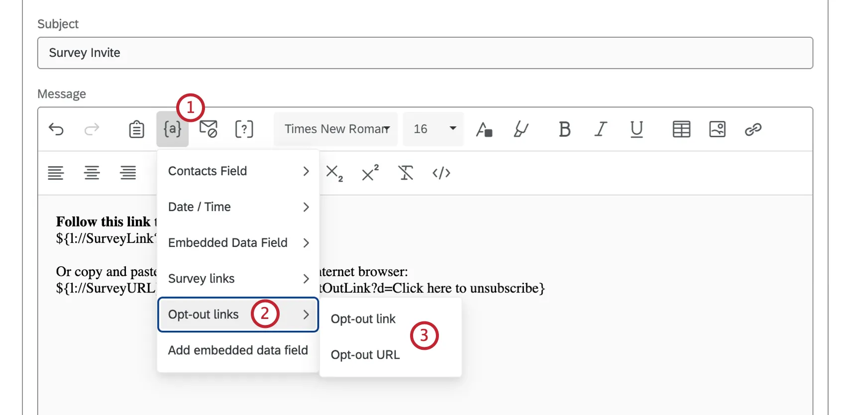 menus opened to add an opt out link via piped text