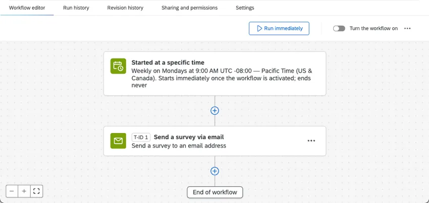 image of a workflow that sends a survey over email