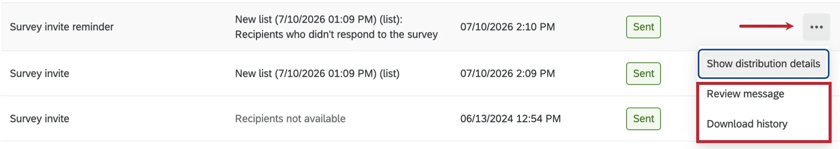 an arrow pointing to the menu that reveals additional options for a reminder distribution