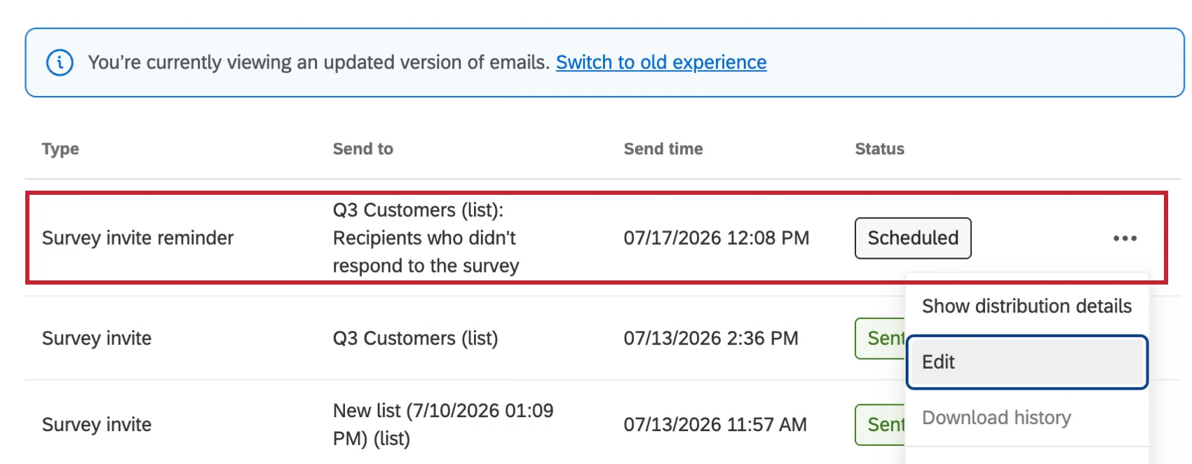 a scheduled reminder highlighted within the emails tab