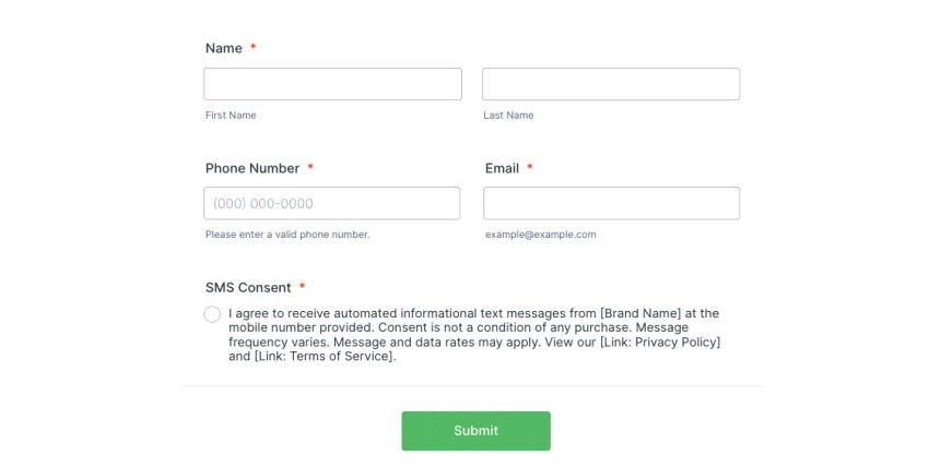 image of a form asking for name, phone, and email. below is an SMS consent check box that notes who the text messages would come from, links to privacy policy and terms of service, and so on