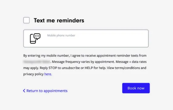 Screenshot of a web form called text me reminders, where there's a spot for a phone number. below is a detailed description of SMS disclosures