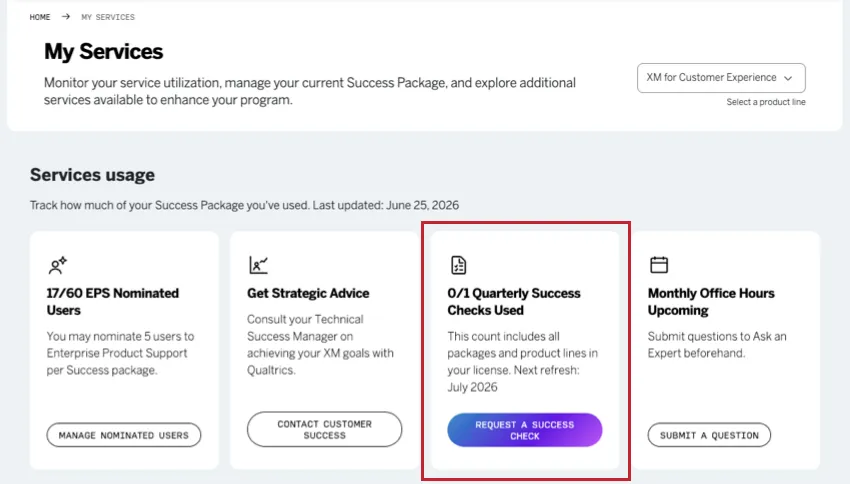 success check tile on the my services page
