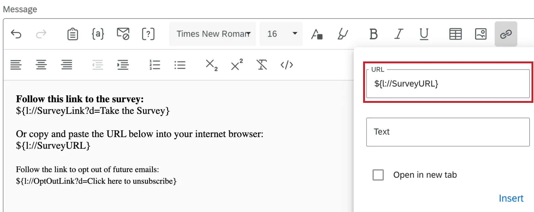 survey url highlighted within the URL menu