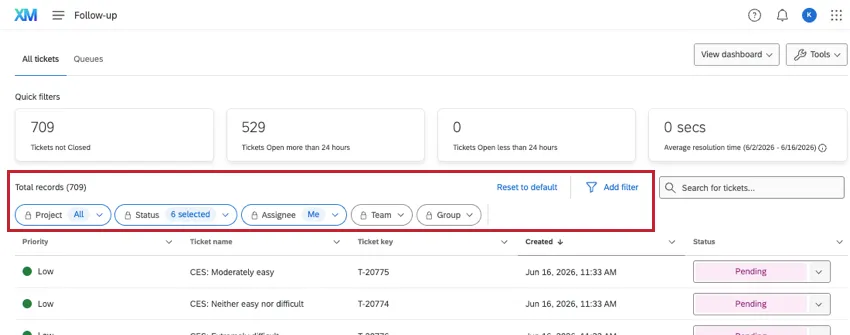 on the tickets page, below the ticket stats but above the list of tickets itself, is a bunch of filters