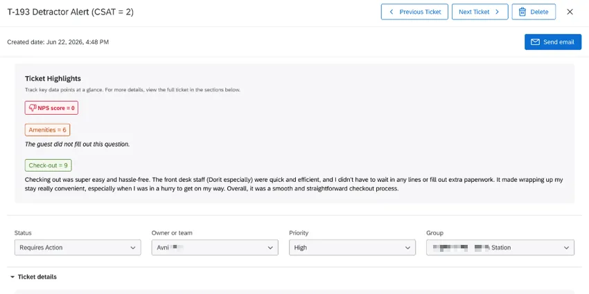 ticket highlights appear at the top of the ticket before any other info, in this case highlighting low NPS score