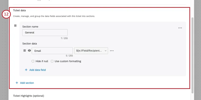 an image of the ticket data section as it appears during ticket task setup