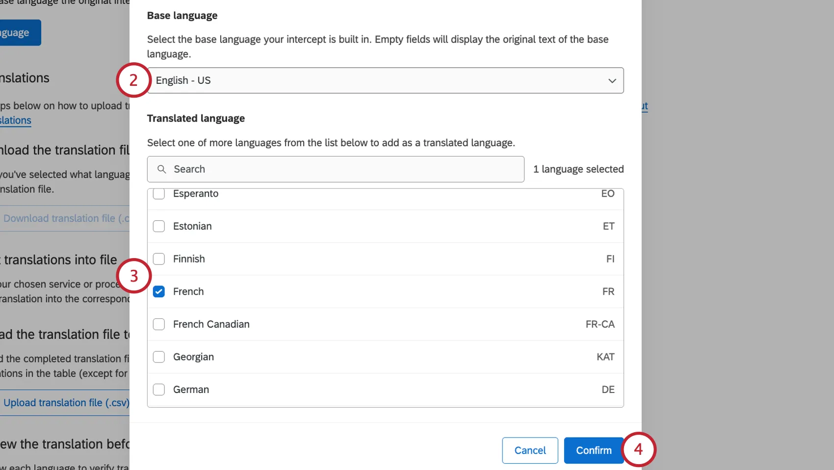 selecting the base language and choosing additional languages