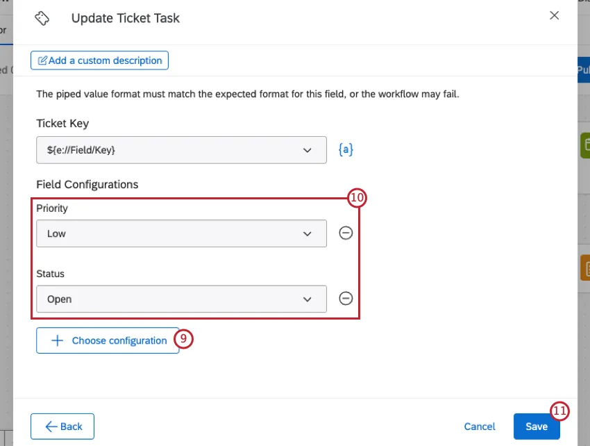 ticket fields configuration within the task