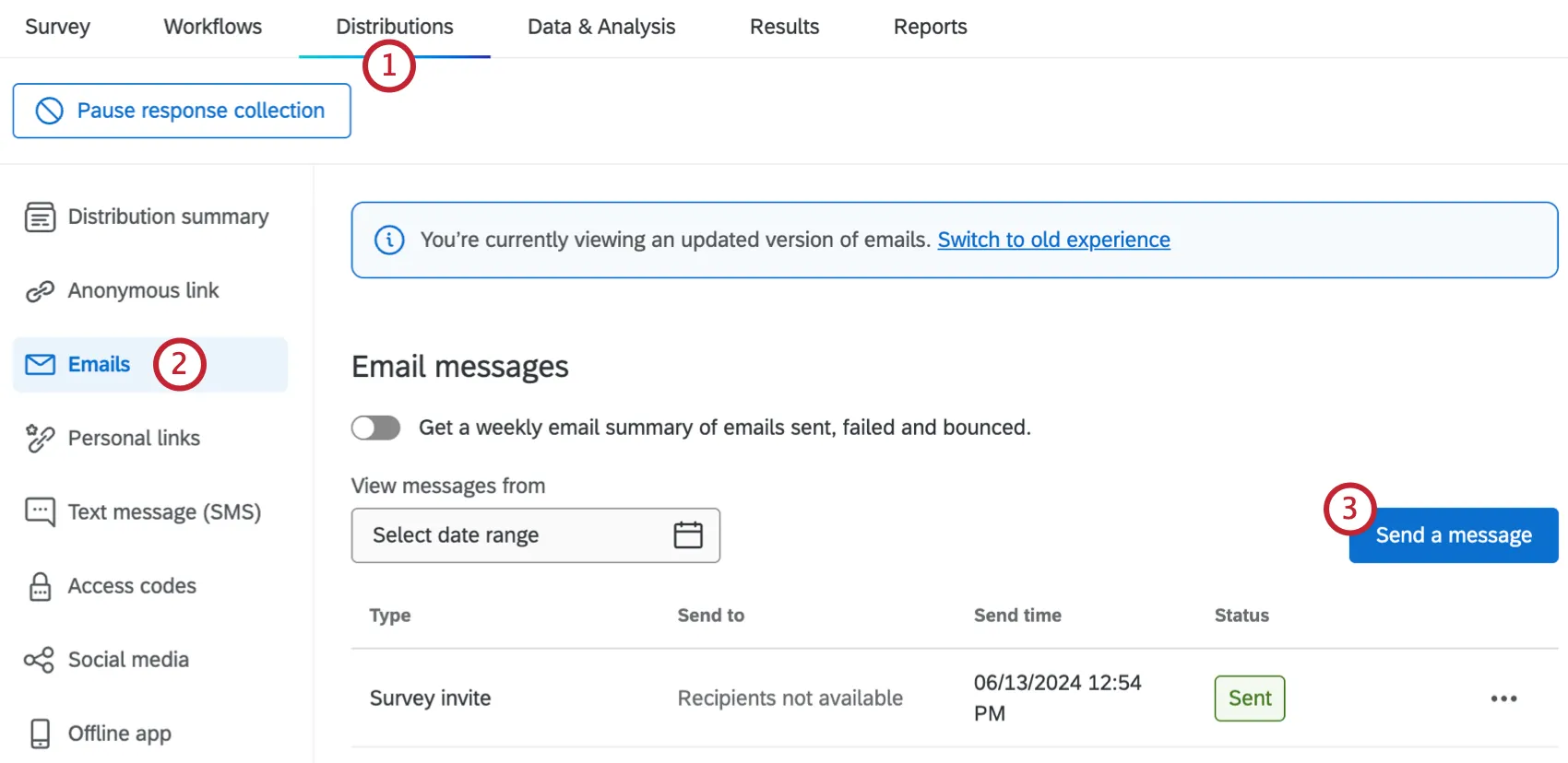 Button to send a message within the Emails tab