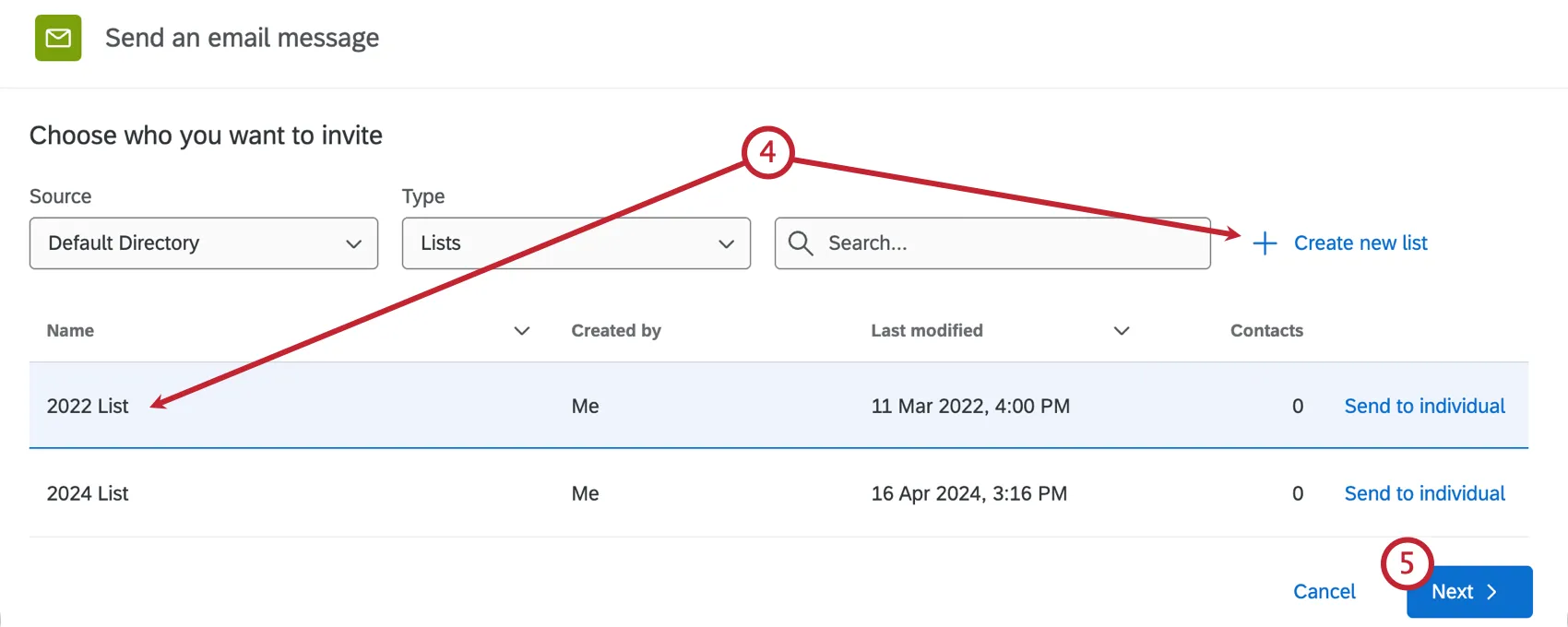 arrows pointing to a selected list as well as the button to create a new list
