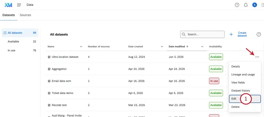 on data page, 3 dots clicked and edit selected next to a specific dataset