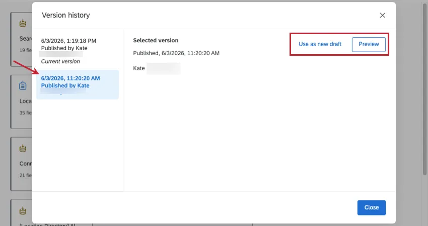 new modal with history entries