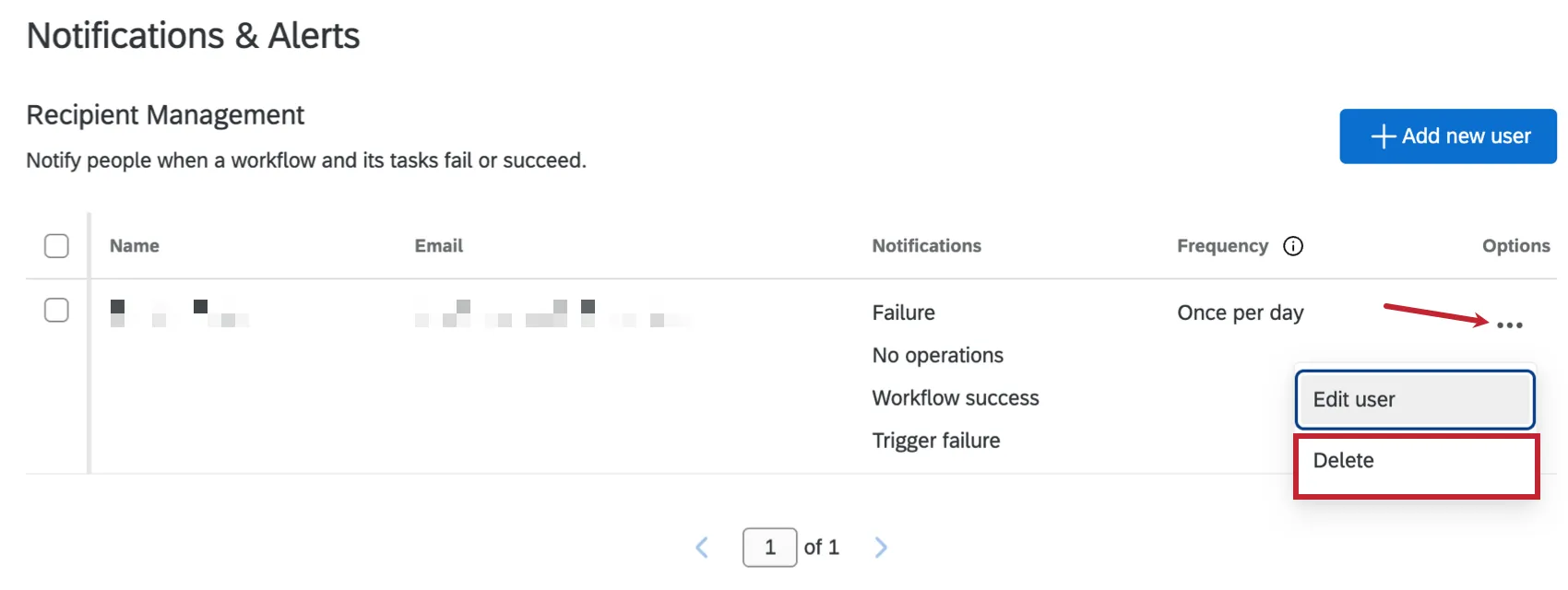 additional options menu with an arrow pointing to the delete option