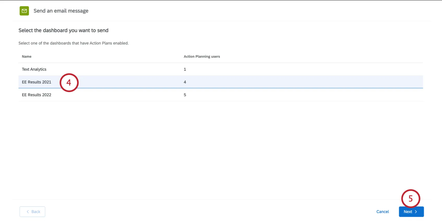 screen to select the dashboard to send a reminder for