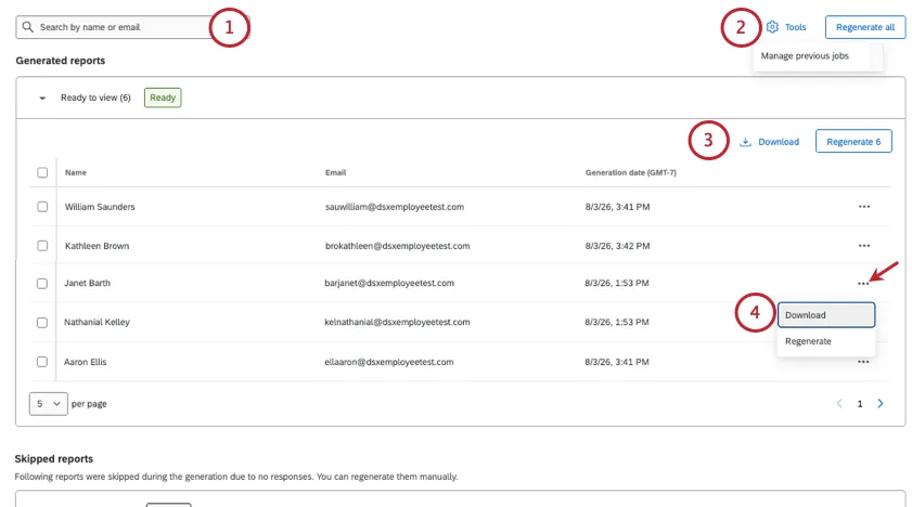 assorted buttons and tools highlighted across the report generation page