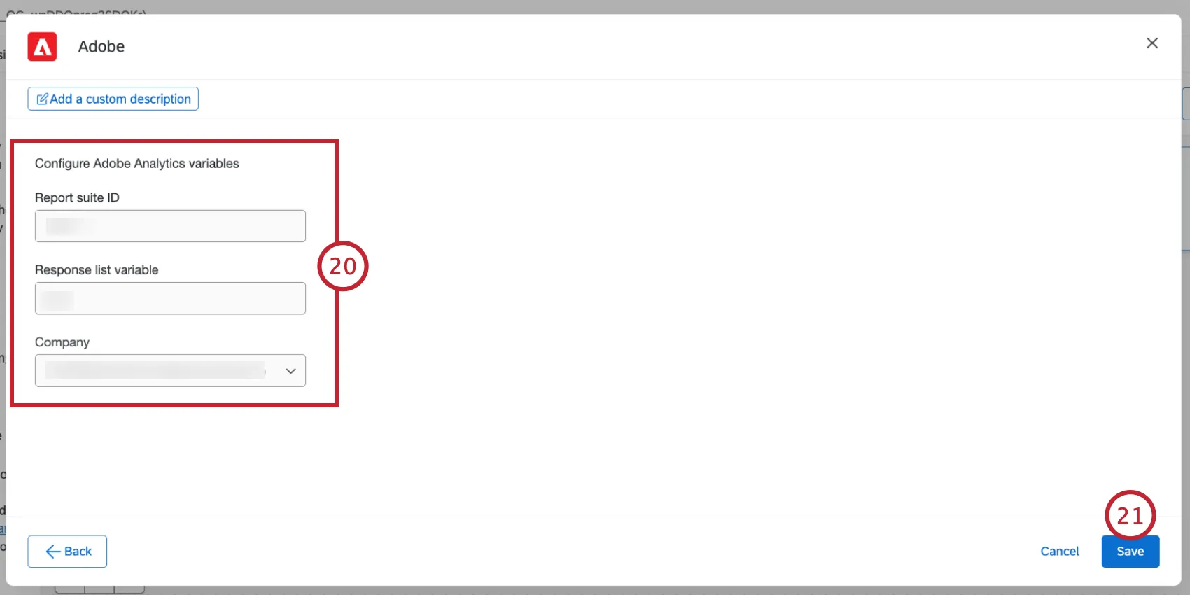 three fields - report suite ID, response list variable, and company