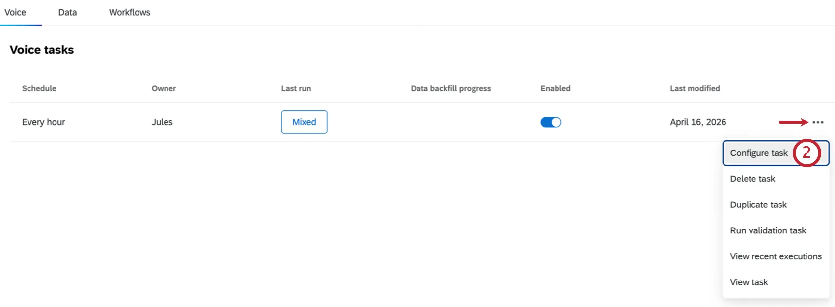 "configure task" option within the additional options menu for a voice task