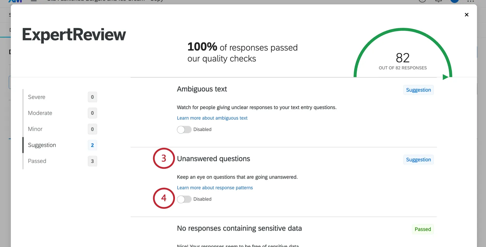 unanswered questions setting in the expert review modal
