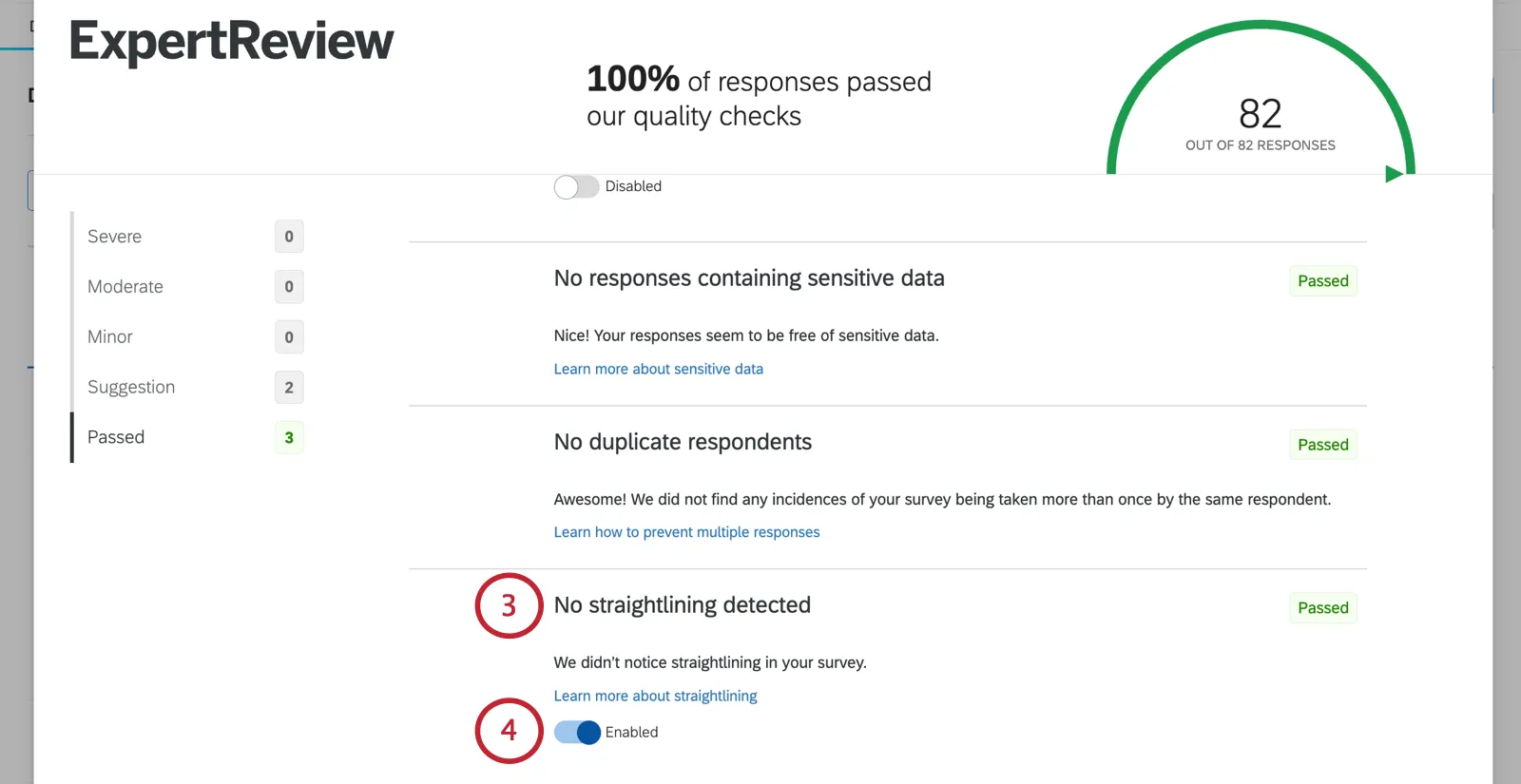 straight lining settings in the expert review modal