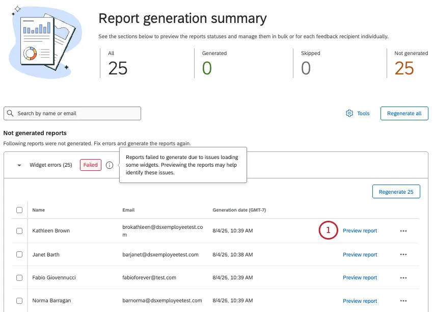 in the failed reports section, clicking the blue preview report text